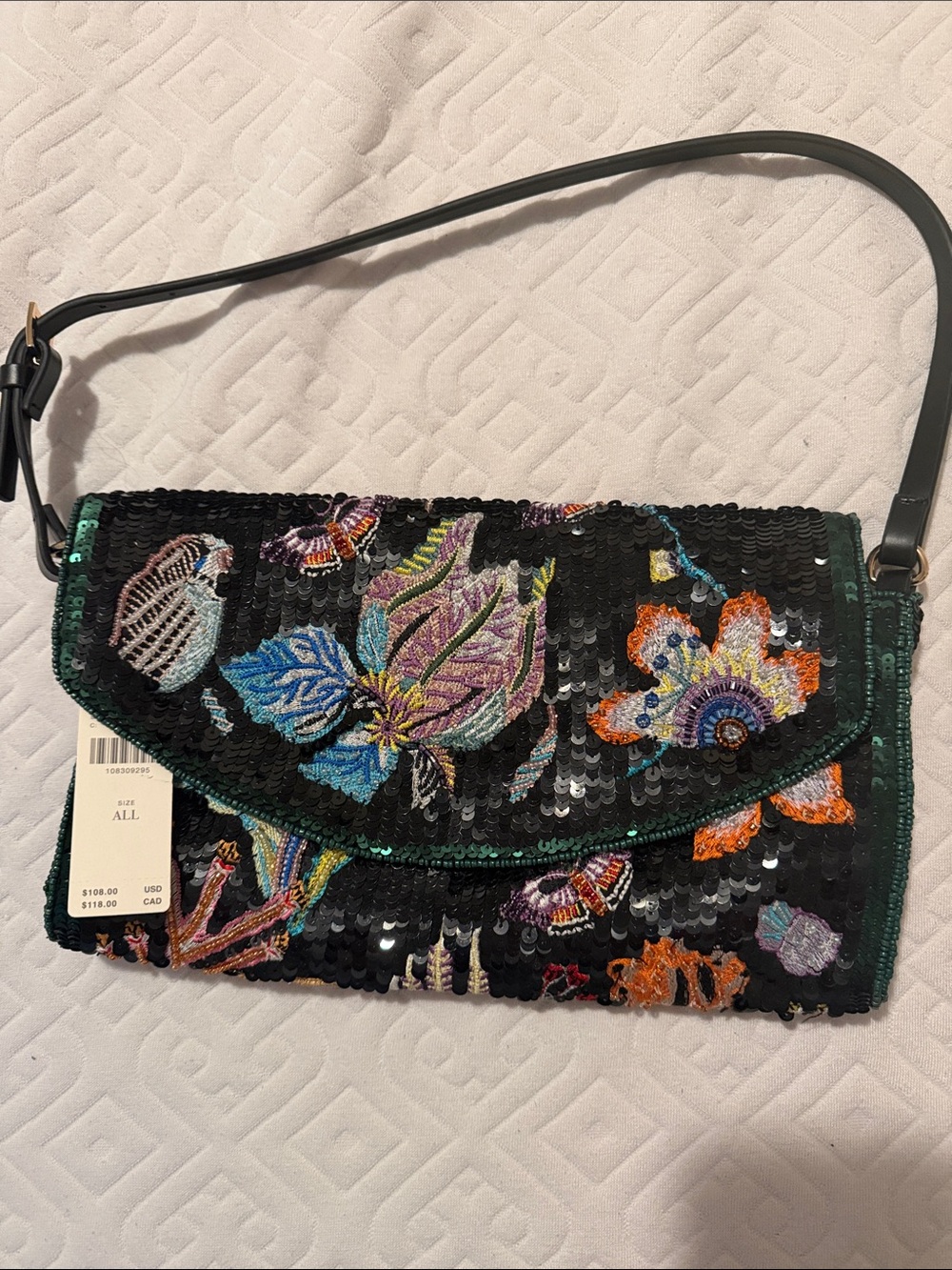 Anthropologie Embroidered Sequin Floral Clutch Shoulder Bag - Black/Multicolor